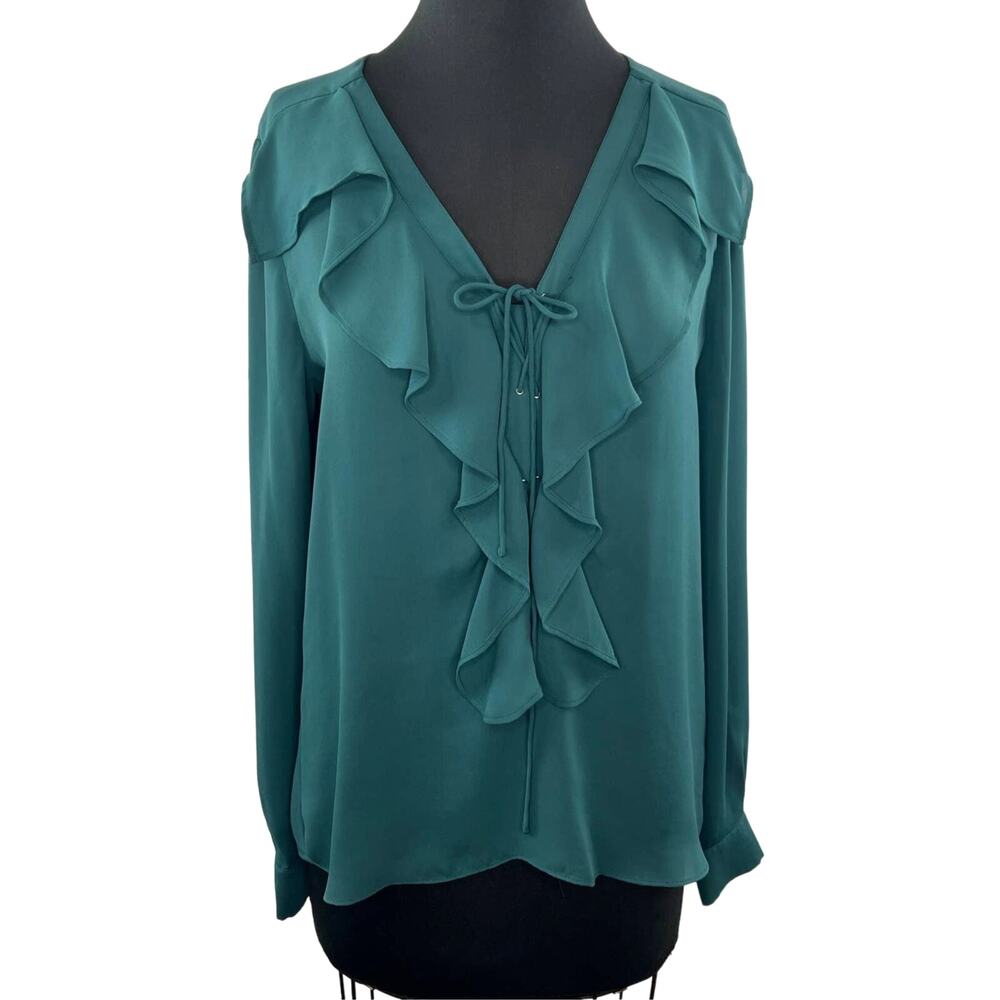 PARKER Dark Green Ruffled Front Tie-Neck V-Neck Long Sleeve Polyester Blouse M